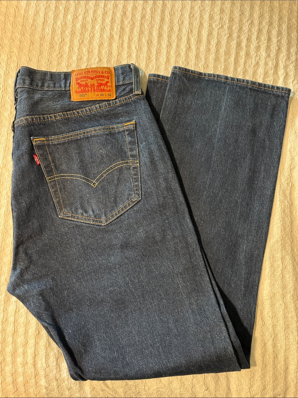Levi's Men's 501 Dark Blue Bootcut Jeans with Tan Leather Patch